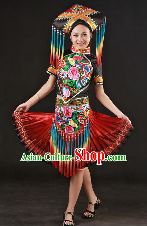 Chinese Traditional Zhuang Nationality Embroidered Short Dress Ethnic Minority Folk Dance Stage Show Costume for Women