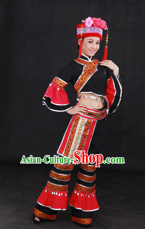 Chinese Traditional Mulao Nationality Black Outfits Ethnic Minority Folk Dance Stage Show Costume for Women