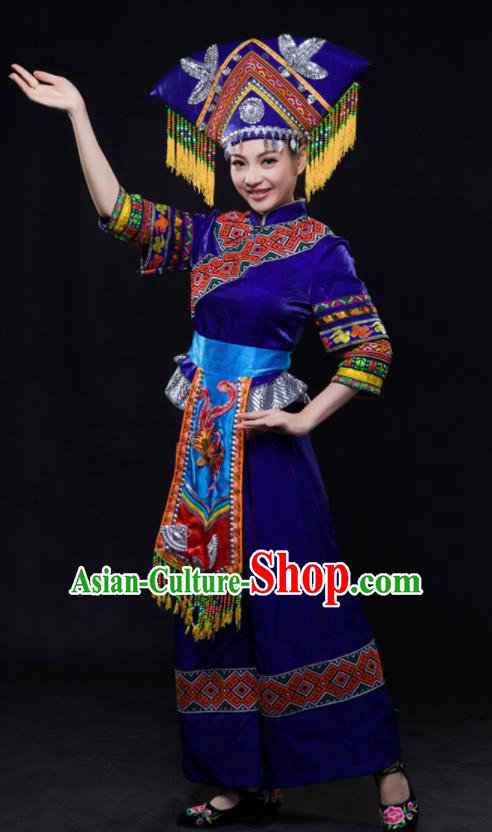 Chinese Traditional Guangxi Zhuang Nationality Royalblue Outfits Ethnic Minority Folk Dance Stage Show Costume for Women
