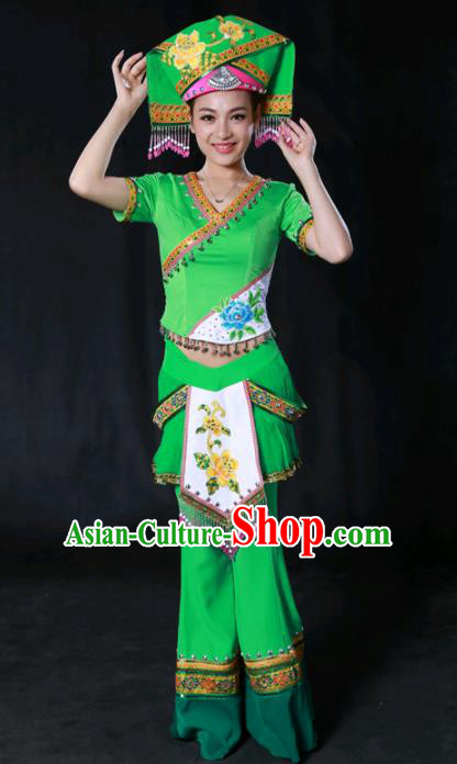 Chinese Traditional Guangxi Zhuang Nationality Green Outfits Ethnic Minority Folk Dance Stage Show Costume for Women