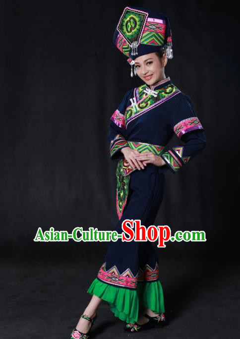 Chinese Traditional Guangxi Zhuang Nationality Navy Outfits Ethnic Minority Folk Dance Stage Show Costume for Women