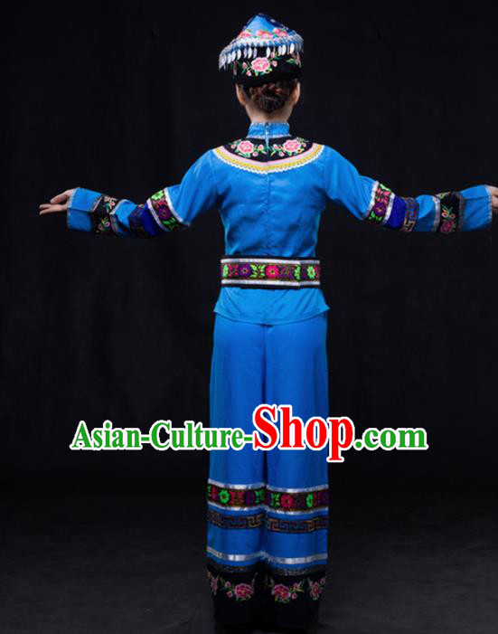 Chinese Traditional Maonan Nationality Blue Outfits Ethnic Minority Folk Dance Stage Show Costume for Women