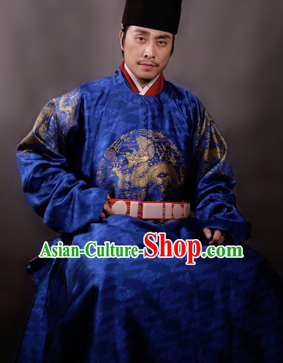 Chinese Ming Dynasty Royal King Embroidered Royalblue Imperial Robe Ancient Emperor Costumes for Men