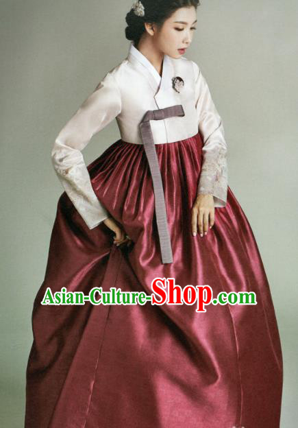 Korean Traditional Hanbok Mother White Satin Blouse and Wine Red Dress Outfits Asian Korea Fashion Costume for Women