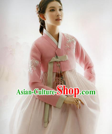 Korean Traditional Hanbok Princess Embroidered Pink Blouse and Dress Outfits Asian Korea Fashion Costume for Women
