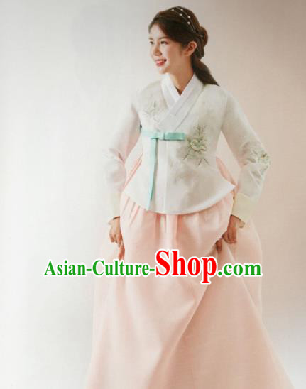 Korean Traditional Hanbok Wedding Bride Printing Peony White Blouse and Pink Dress Outfits Asian Korea Fashion Costume for Women