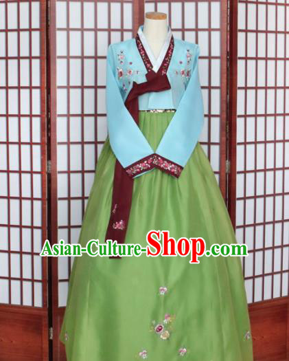 Korean Traditional Hanbok Blue Blouse and Green Dress Outfits Asian Korea Wedding Fashion Costume for Women