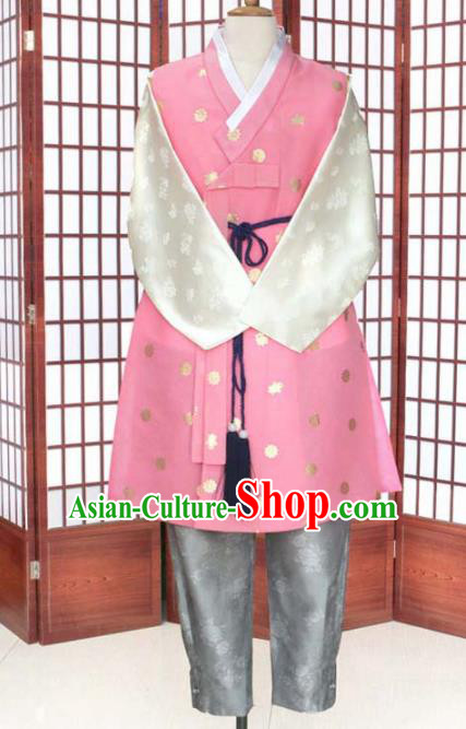 Korean Traditional Pink Shirt and Grey Pants Hanbok Asian Korea Bridegroom Fashion Costume for Men