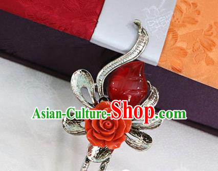 Korean Traditional Wedding Bride Rose Red Gem Hairpins Asian Korea Hanbok Hair Accessories for Women