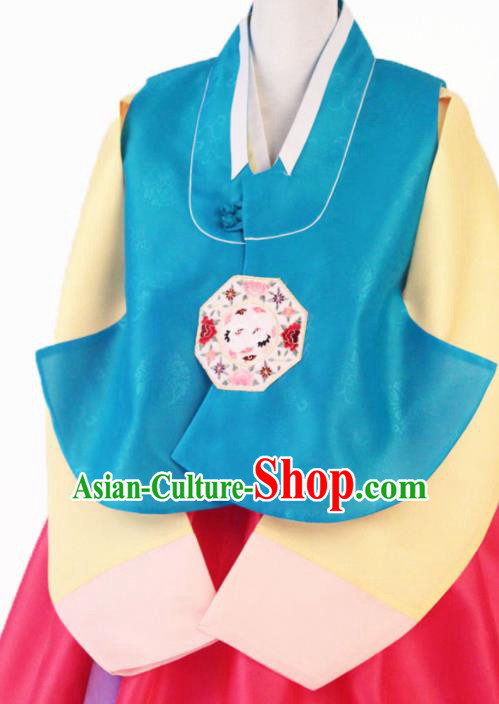 Korean Traditional Garment Bride Hanbok Embroidered Blue Vest Asian Korea Fashion Costume for Women