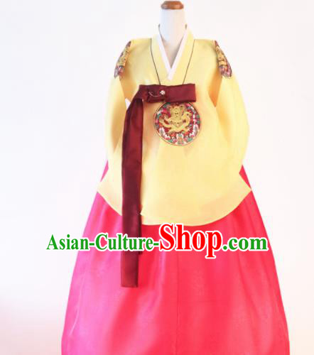 Korean Traditional Hanbok Garment Yellow Blouse and Rosy Dress Asian Korea Fashion Costume for Women