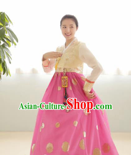Korean Traditional Hanbok Garment Beige Blouse and Pink Dress Asian Korea Fashion Costume for Women