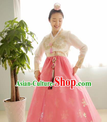Korean Traditional Court Hanbok Garment Beige Blouse and Pink Dress Asian Korea Fashion Costume for Women