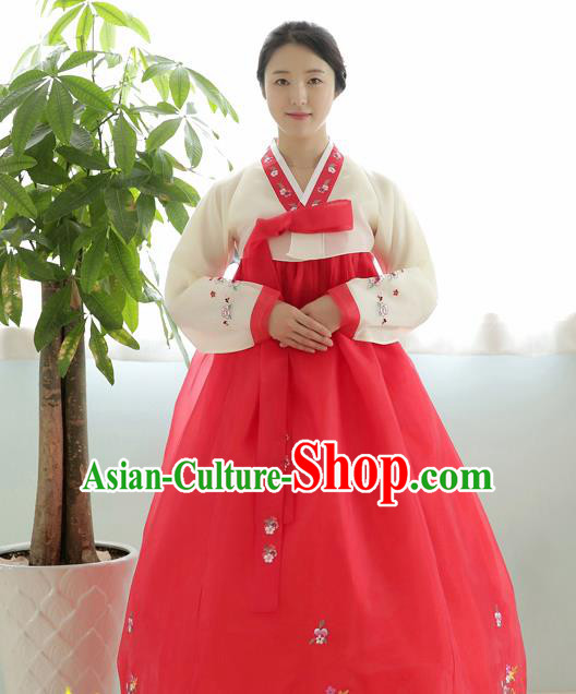 Korean Traditional Court Hanbok Garment Beige Blouse and Red Dress Asian Korea Fashion Costume for Women