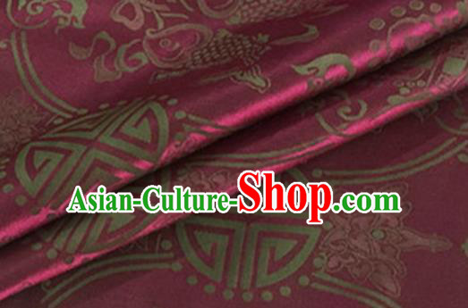 Asian Chinese Classical Double Fish Pattern Design Wine Red Silk Fabric Traditional Cheongsam Material