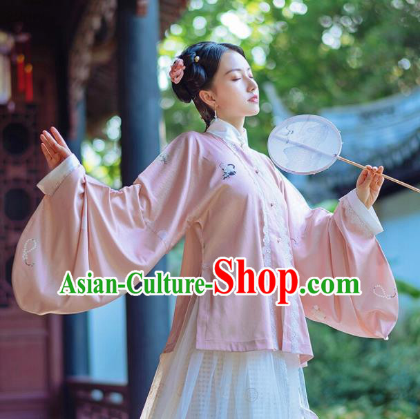 Chinese Traditional Hanfu Pink Blouse Ancient Ming Dynasty Princess Costume for Women
