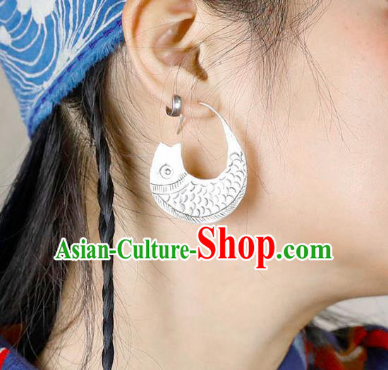 Chinese Traditional National Silver Carving Fish Earrings Handmade Ear Accessories for Women