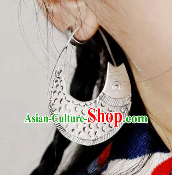 Chinese Traditional National Silver Carving Fish Earrings Handmade Ear Accessories for Women
