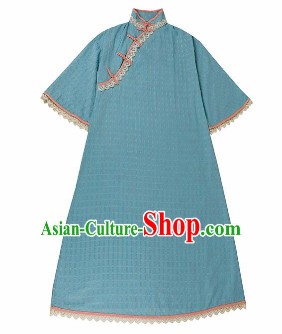 Chinese Traditional Blue Linen Qipao Dress National Costume Cheongsam for Women