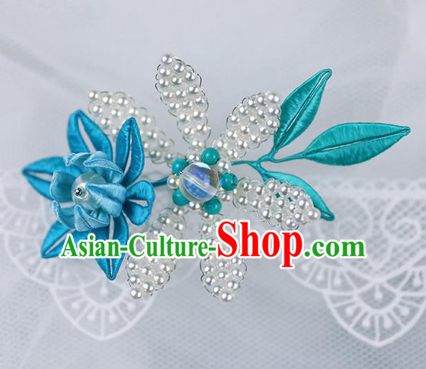 Chinese Traditional Blue Flower Pearls Hairpin Handmade Hanfu Hair Accessories for Women