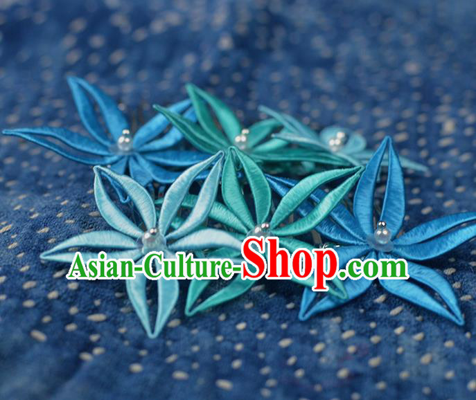 Chinese Traditional Blue Flowers Hair Comb Handmade Hanfu Hair Accessories for Women
