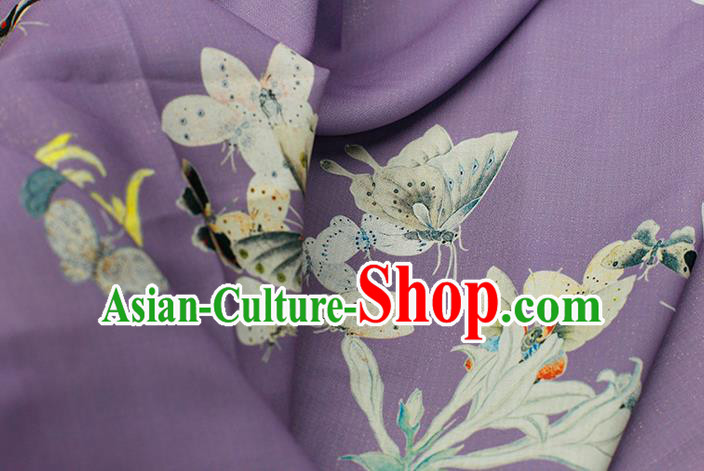 Asian Chinese Classical Printing Butterfly Pattern Design Purple Silk Fabric Traditional Hanfu Brocade Material