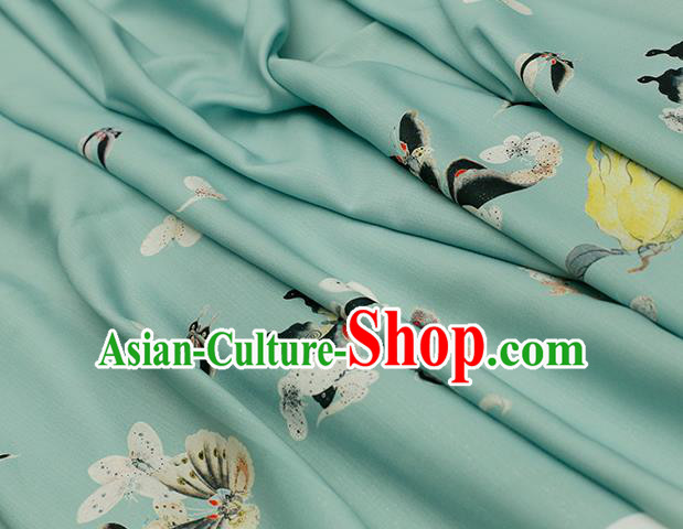 Asian Chinese Classical Printing Butterfly Pattern Design Green Silk Fabric Traditional Hanfu Brocade Material
