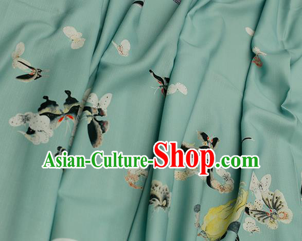 Asian Chinese Classical Printing Butterfly Pattern Design Green Silk Fabric Traditional Hanfu Brocade Material