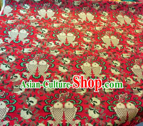 Asian Chinese Classical Peach Fish Pattern Design Red Silk Fabric Traditional Nanjing Brocade Material