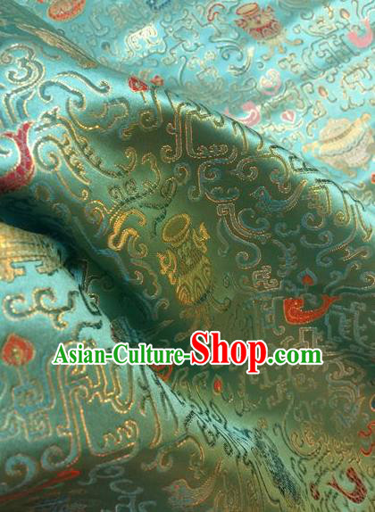 Asian Chinese Classical Eight Treasures Pattern Design Green Silk Fabric Traditional Nanjing Brocade Material