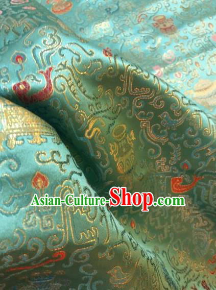 Asian Chinese Classical Eight Treasures Pattern Design Green Silk Fabric Traditional Nanjing Brocade Material