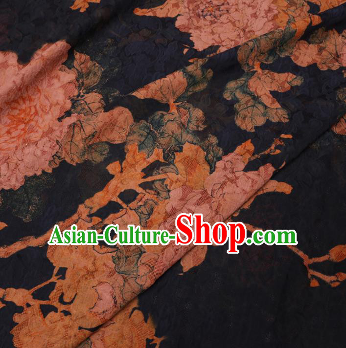 Asian Chinese Classical Peony Pattern Design Navy Watered Gauze Fabric Traditional Silk Material