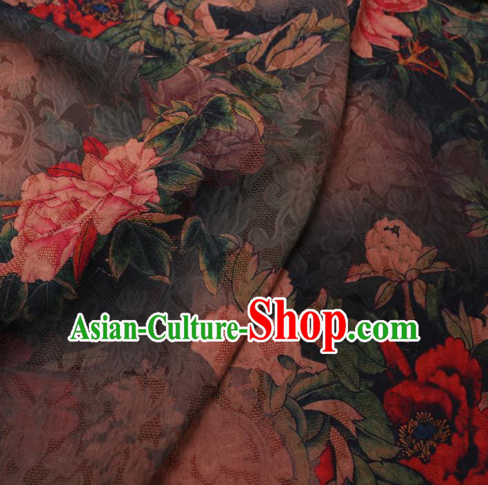 Asian Chinese Classical Peony Pattern Design Dark Green Watered Gauze Fabric Traditional Silk Material
