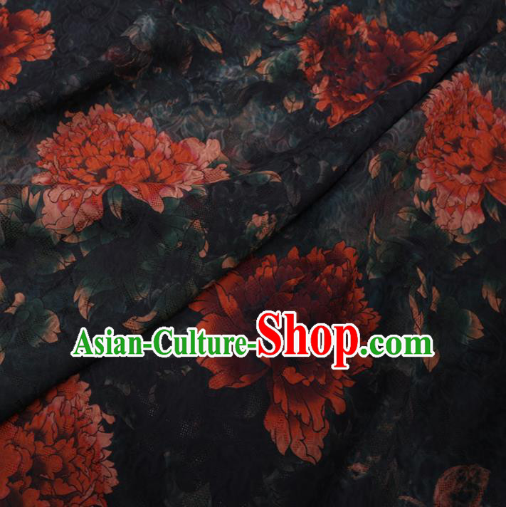 Chinese Classical Peony Flowers Pattern Design Black Watered Gauze Fabric Asian Traditional Silk Material