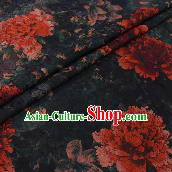 Chinese Classical Peony Flowers Pattern Design Black Watered Gauze Fabric Asian Traditional Silk Material