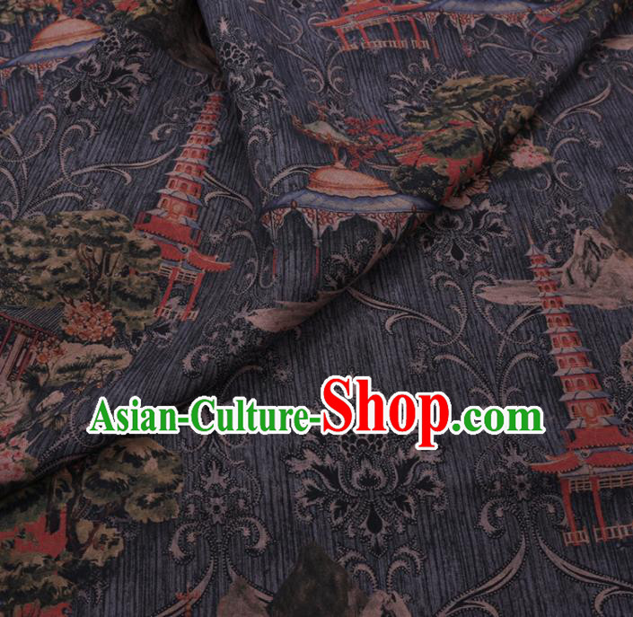 Chinese Cheongsam Classical Tower Pattern Design Grey Watered Gauze Fabric Asian Traditional Silk Material