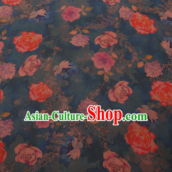 Chinese Cheongsam Classical Roses Pattern Design Blue Watered Gauze Fabric Asian Traditional Silk Material