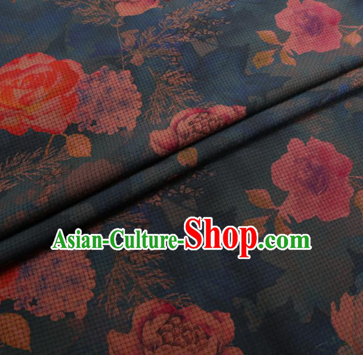 Chinese Cheongsam Classical Roses Pattern Design Blue Watered Gauze Fabric Asian Traditional Silk Material
