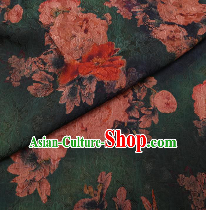 Asian Chinese Classical Peony Pattern Design Deep Green Watered Gauze Fabric Traditional Silk Material