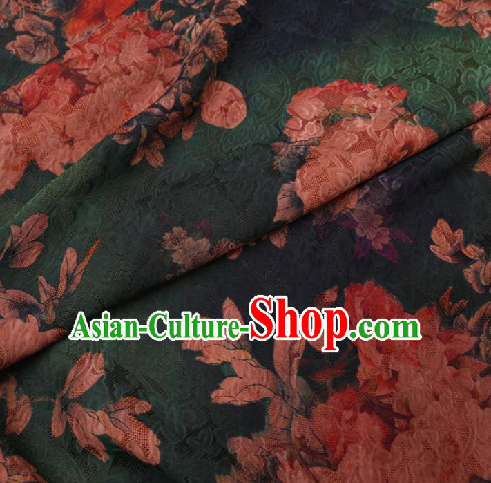 Asian Chinese Classical Peony Pattern Design Deep Green Watered Gauze Fabric Traditional Silk Material