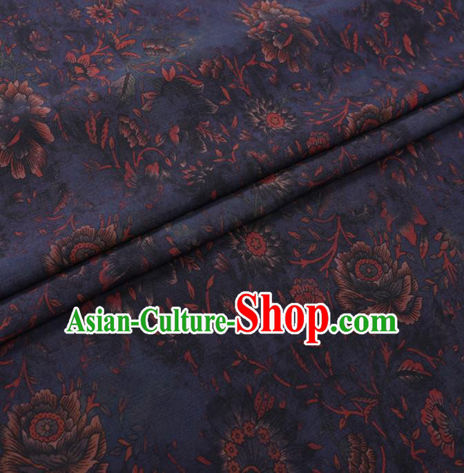 Chinese Cheongsam Classical Flowers Pattern Design Navy Watered Gauze Fabric Asian Traditional Silk Material