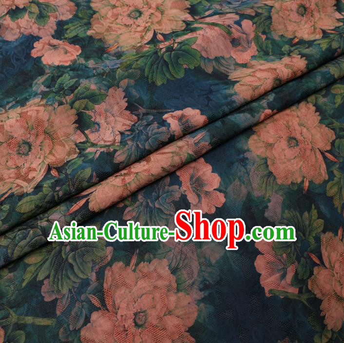 Asian Chinese Classical Peony Pattern Design Blue Watered Gauze Fabric Traditional Silk Material