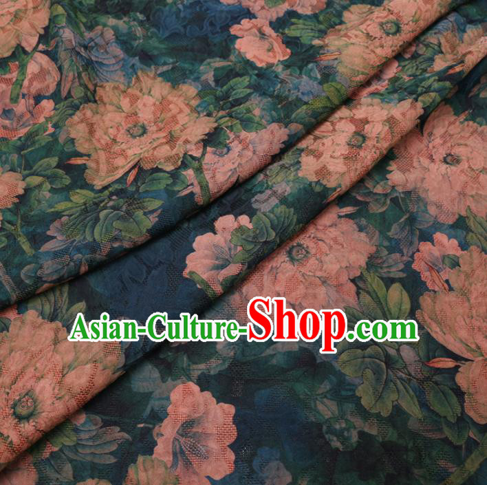 Asian Chinese Classical Peony Pattern Design Blue Watered Gauze Fabric Traditional Silk Material