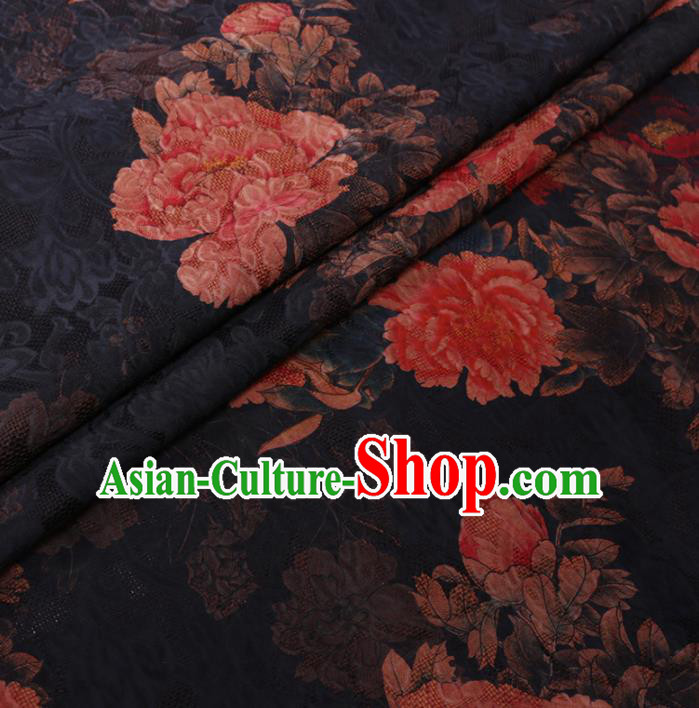 Chinese Cheongsam Classical Peony Pattern Design Black Watered Gauze Fabric Asian Traditional Silk Material