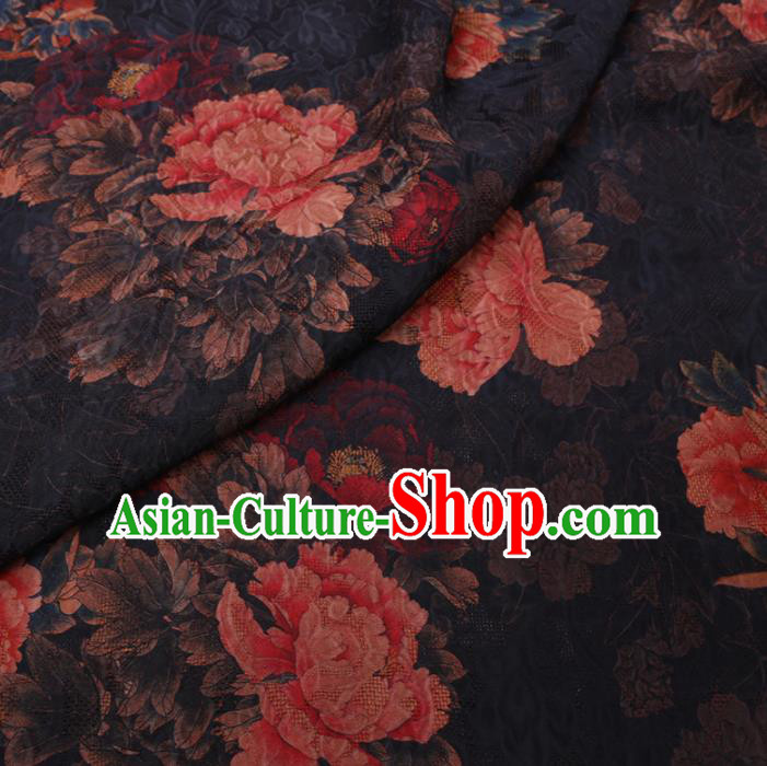 Chinese Cheongsam Classical Peony Pattern Design Black Watered Gauze Fabric Asian Traditional Silk Material