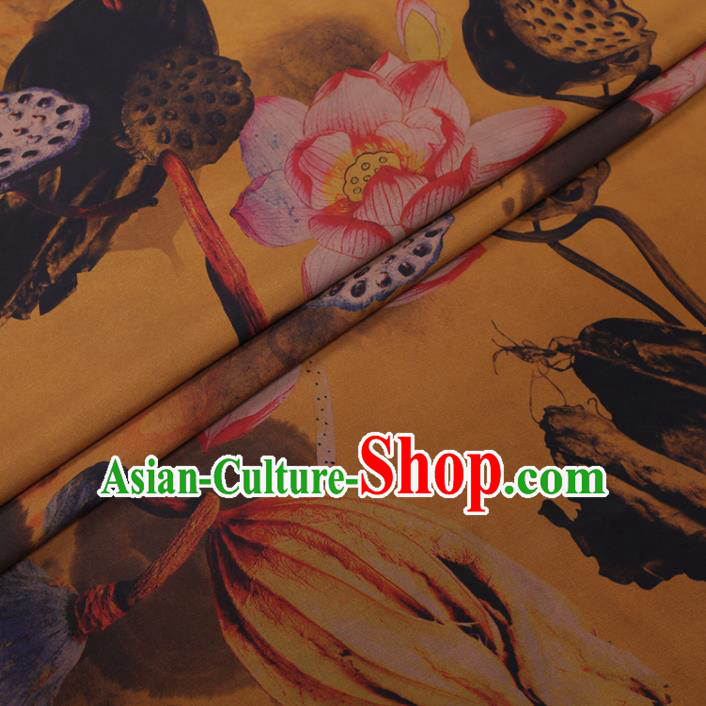 Chinese Cheongsam Classical Lotus Pattern Design Yellow Watered Gauze Fabric Asian Traditional Silk Material