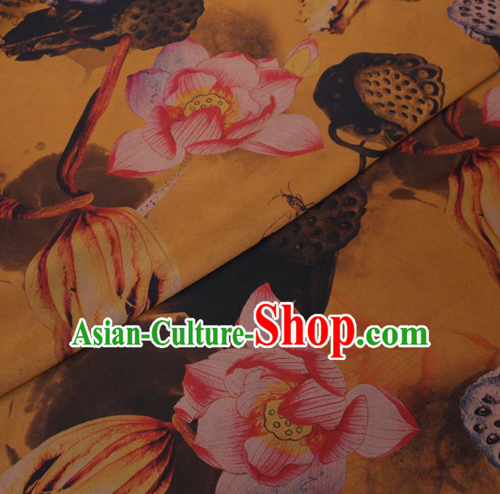 Chinese Cheongsam Classical Lotus Pattern Design Yellow Watered Gauze Fabric Asian Traditional Silk Material