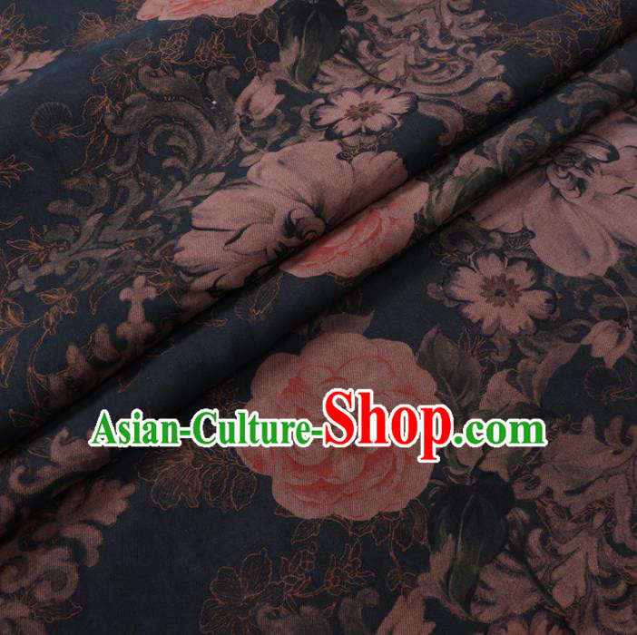 Chinese Cheongsam Classical Camellia Pattern Design Navy Watered Gauze Fabric Asian Traditional Silk Material
