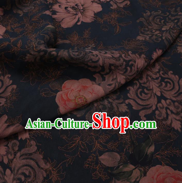 Chinese Cheongsam Classical Camellia Pattern Design Navy Watered Gauze Fabric Asian Traditional Silk Material