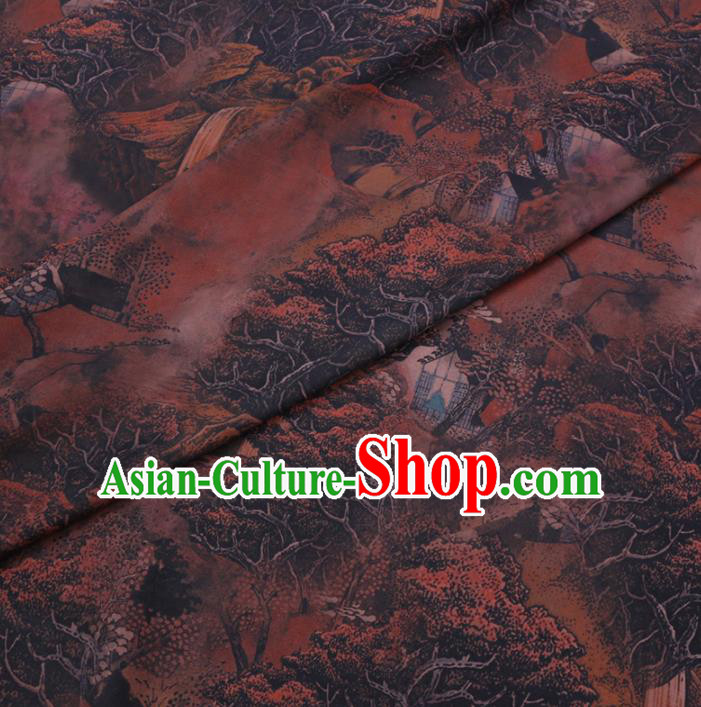Chinese Cheongsam Classical Landscape Pattern Design Brown Watered Gauze Fabric Asian Traditional Silk Material